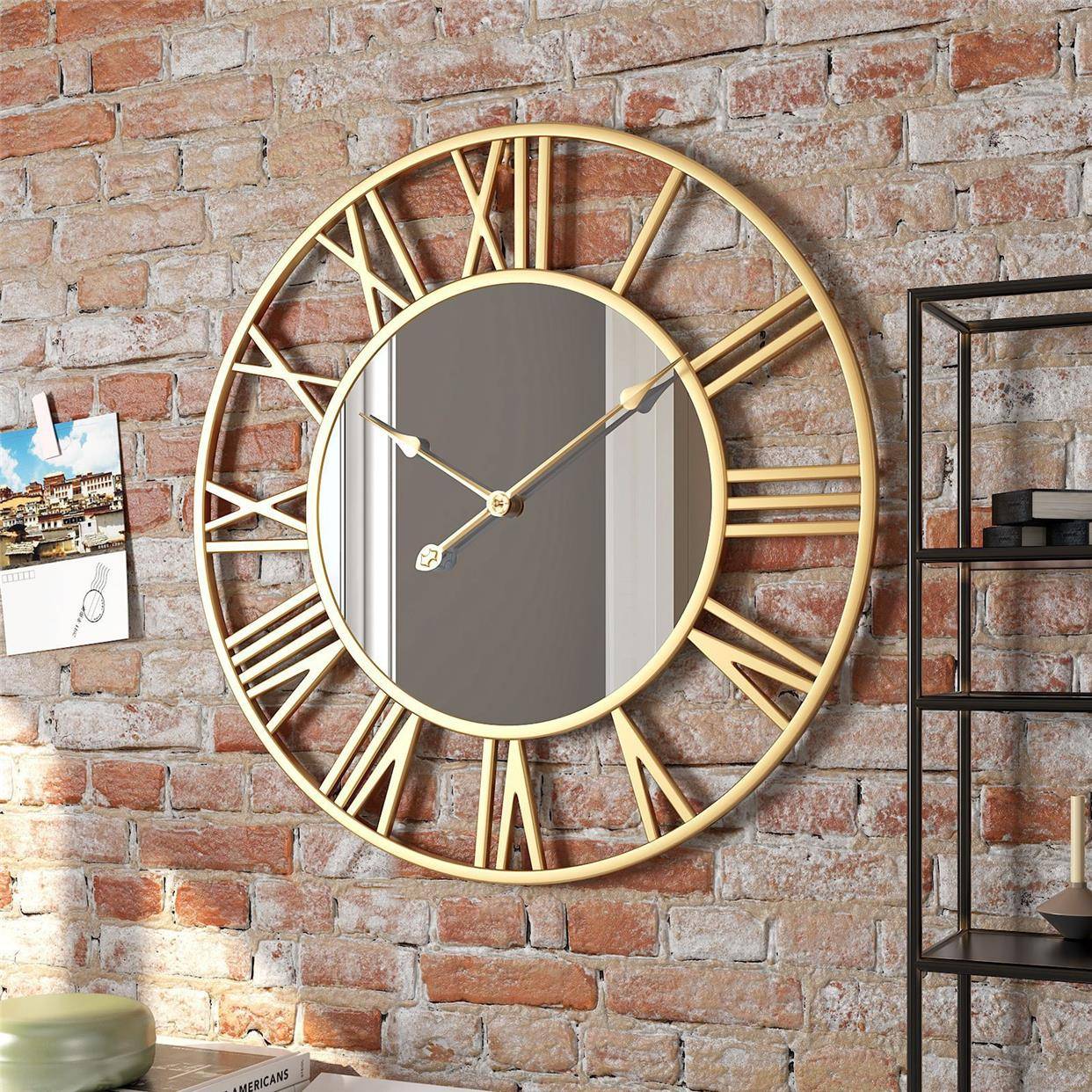 Round Iron Mirror Clock Baltic Iron Mid -style Hanging Clock living room wall clock