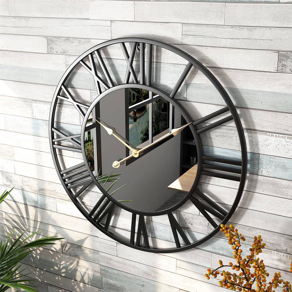 Round Iron Mirror Clock Baltic Iron Mid -style Hanging Clock living room wall clock