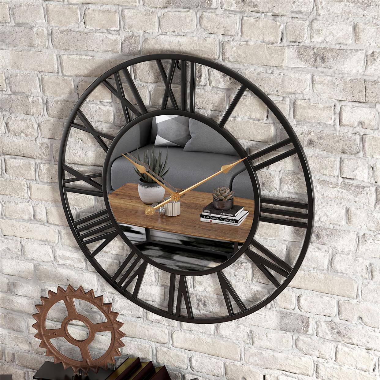 Round Iron Mirror Clock Baltic Iron Mid -style Hanging Clock living room wall clock