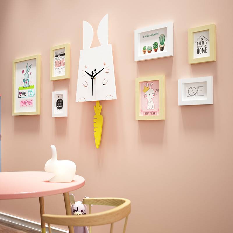 Solid wood_7271 cartoon powder photo wall cute children's group photo frame Little white rabbit swing clock can replace photos