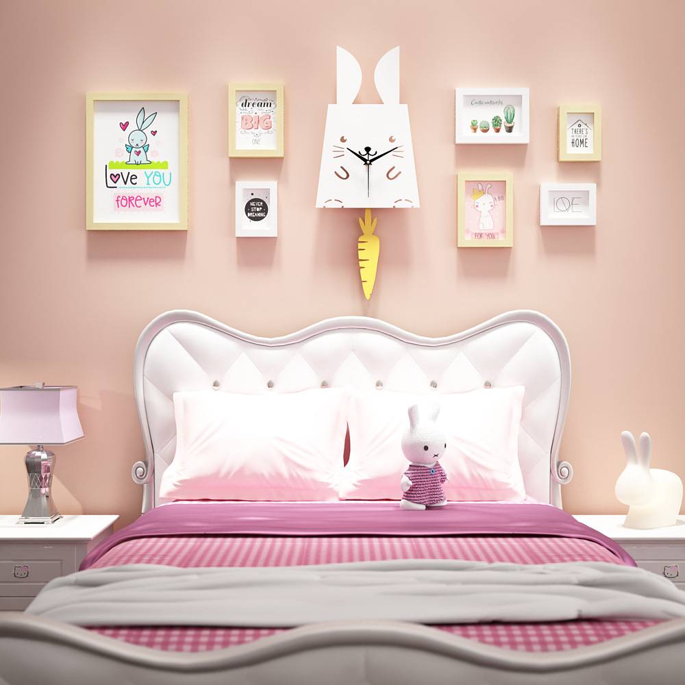 Solid wood_7271 cartoon powder photo wall cute children's group photo frame Little white rabbit swing clock can replace photos