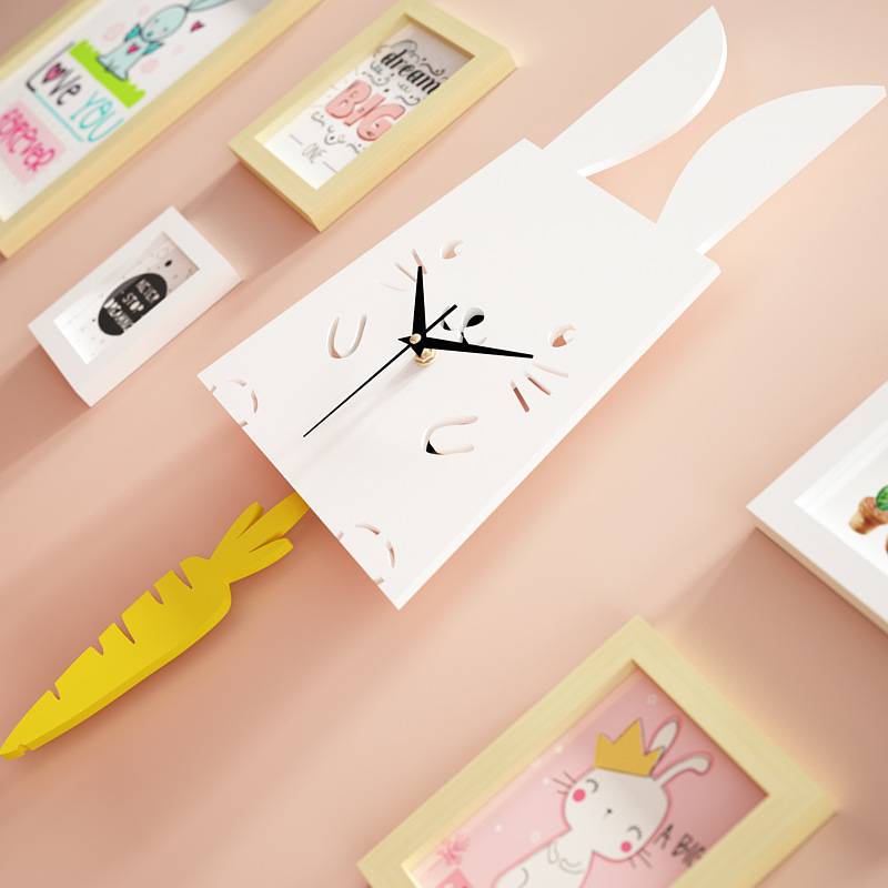 Solid wood_7271 cartoon powder photo wall cute children's group photo frame Little white rabbit swing clock can replace photos