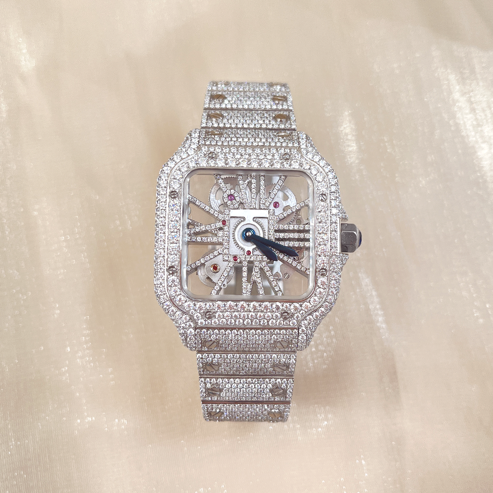 VVS High -quality Mosan Diamond inlaid Men's Watch DIY color pointer dial white.