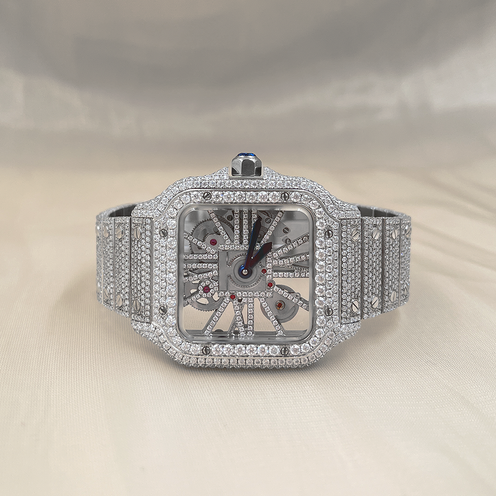 VVS High -quality Mosan Diamond inlaid Men's Watch DIY color pointer dial white.
