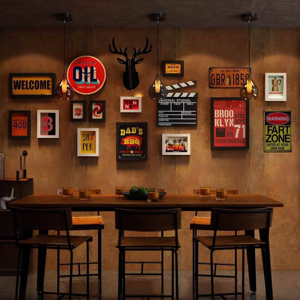 Popular molecules_4572_Tro -retro photo wall commercial industrial style combination photo frame restaurant decoration painting real clock