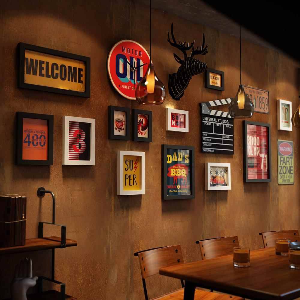 Popular molecules_4572_Tro -retro photo wall commercial industrial style combination photo frame restaurant decoration painting real clock