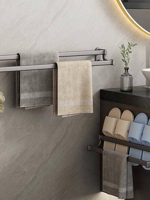 Gun ash double -pole towel rack free punching toilet towel shot shots, space aluminum light luxury bath towel racks
