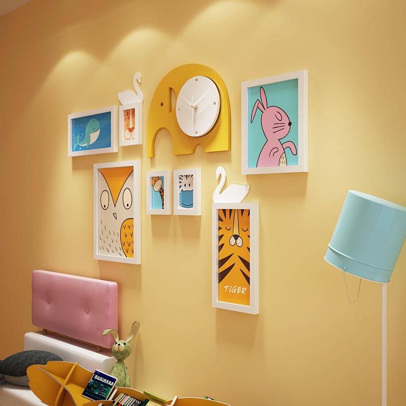 Solid Wood_6191_Cripping solid wood photo wall Children's photo frame decorative painting elephant clock can be replaced