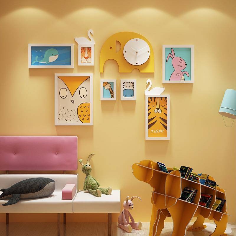 Solid Wood_6191_Cripping solid wood photo wall Children's photo frame decorative painting elephant clock can be replaced