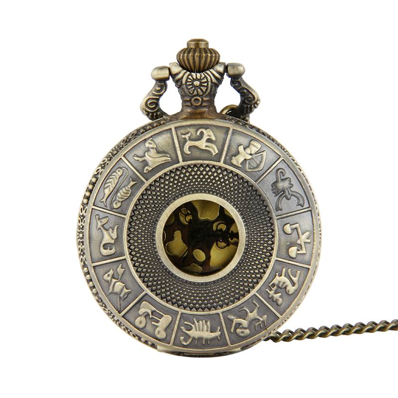 Pocketer large 12 constellation golden face retro pocket watch hollow quartz pocket watches 8093
