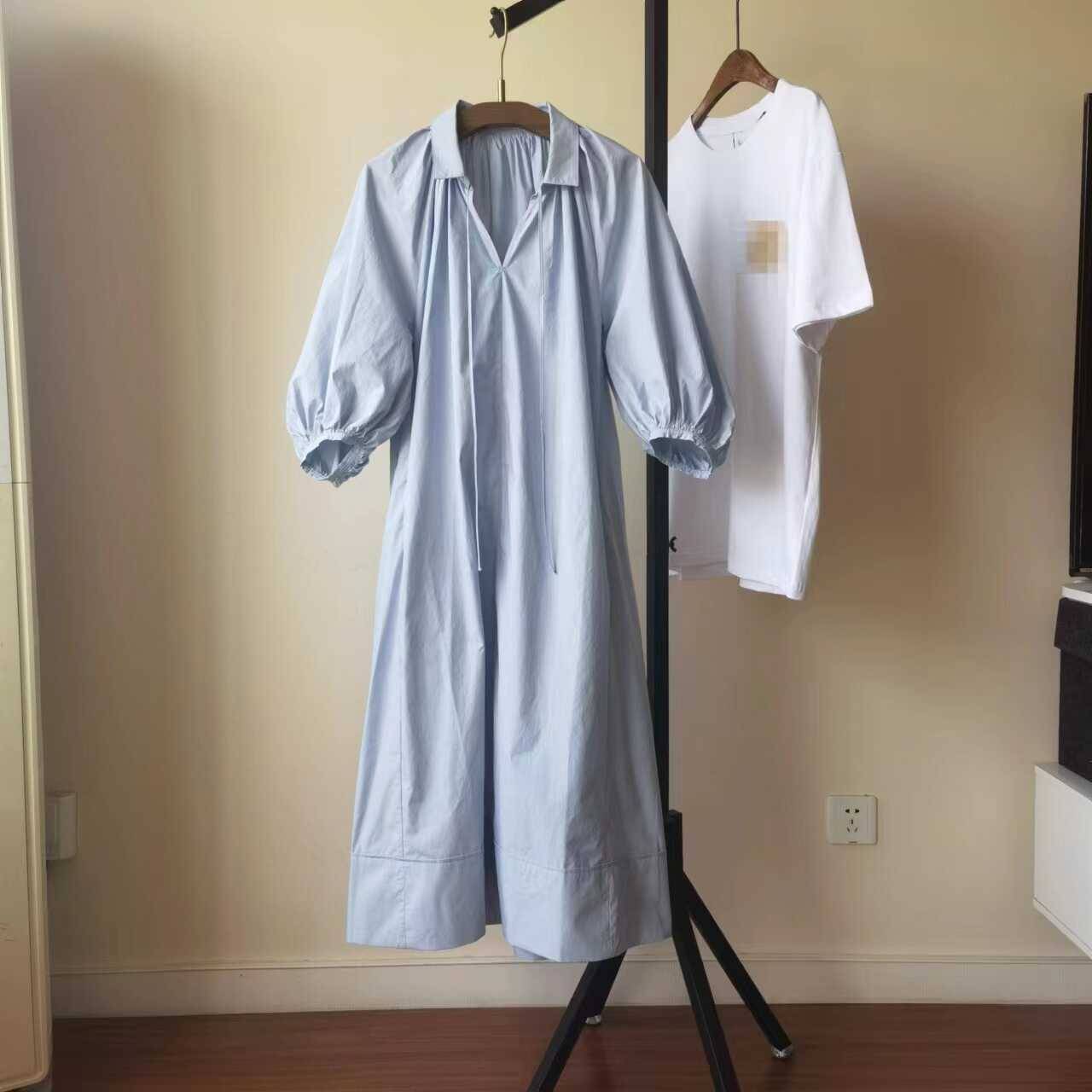 GW01162-Positive-Loose and Slender Shirt Collar Bubble Sleeve A-line Dress-Fusi Cotton Breathery-Specialty