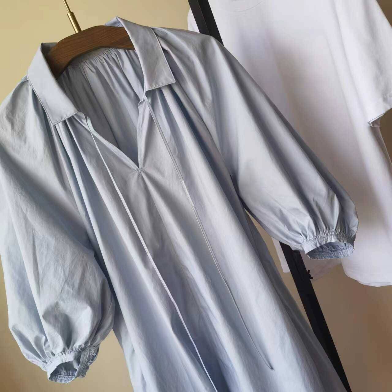GW01162-Positive-Loose and Slender Shirt Collar Bubble Sleeve A-line Dress-Fusi Cotton Breathery-Specialty