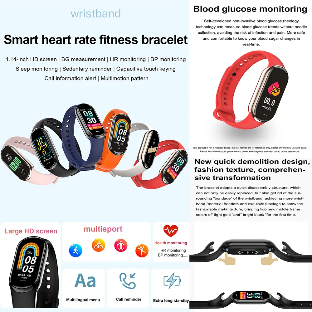 Factory Smart Watch M8 Bracelet Fitness Tracker Heart Rate Monitor Sport Step Counter Pulsera ios Smart Watch Band M8 Pk M7 M6M5