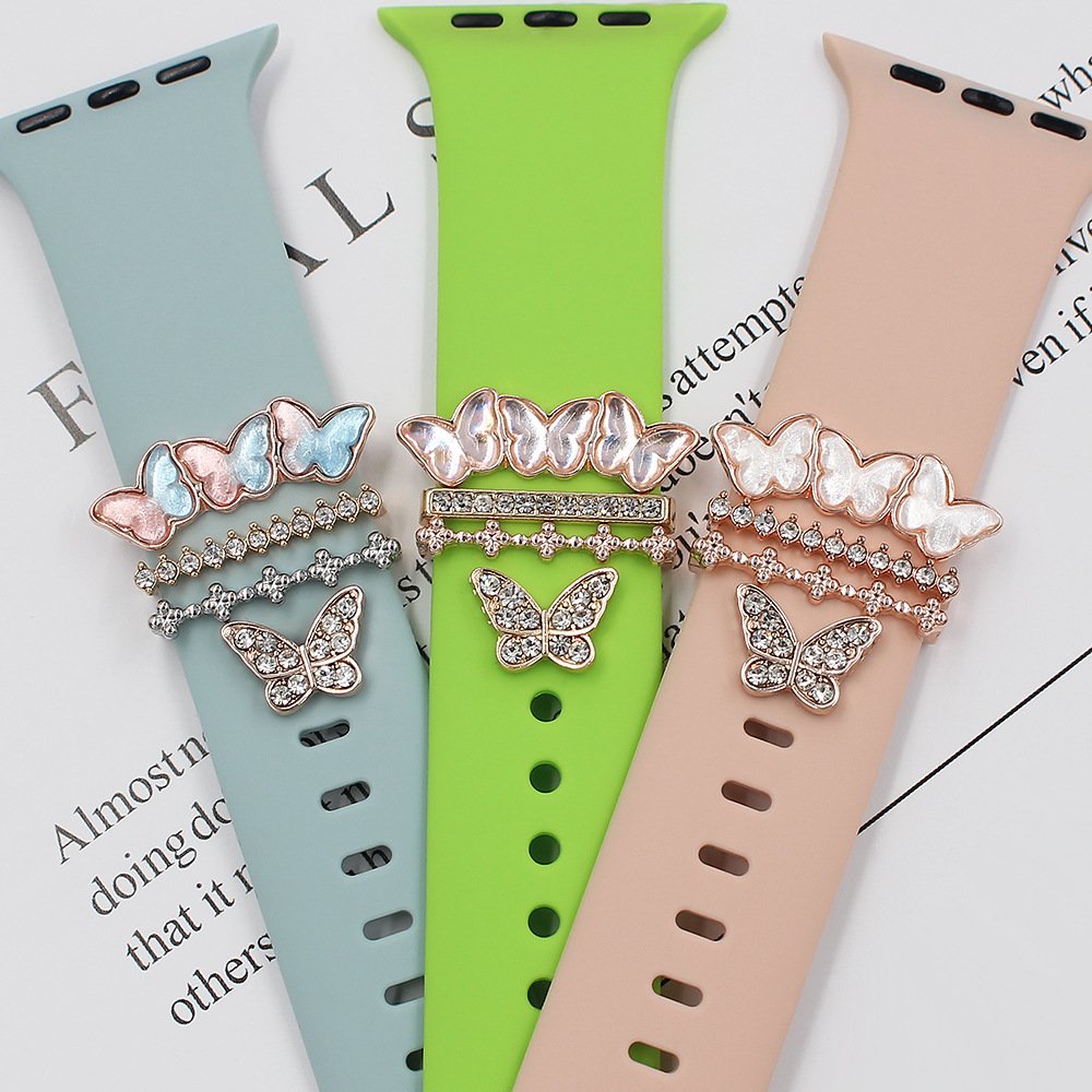 Smart Watch Sport Silicone Strap Accessories Metal Decorative Rings Ornament Flower Butterfly Diamond Watch Band Charms