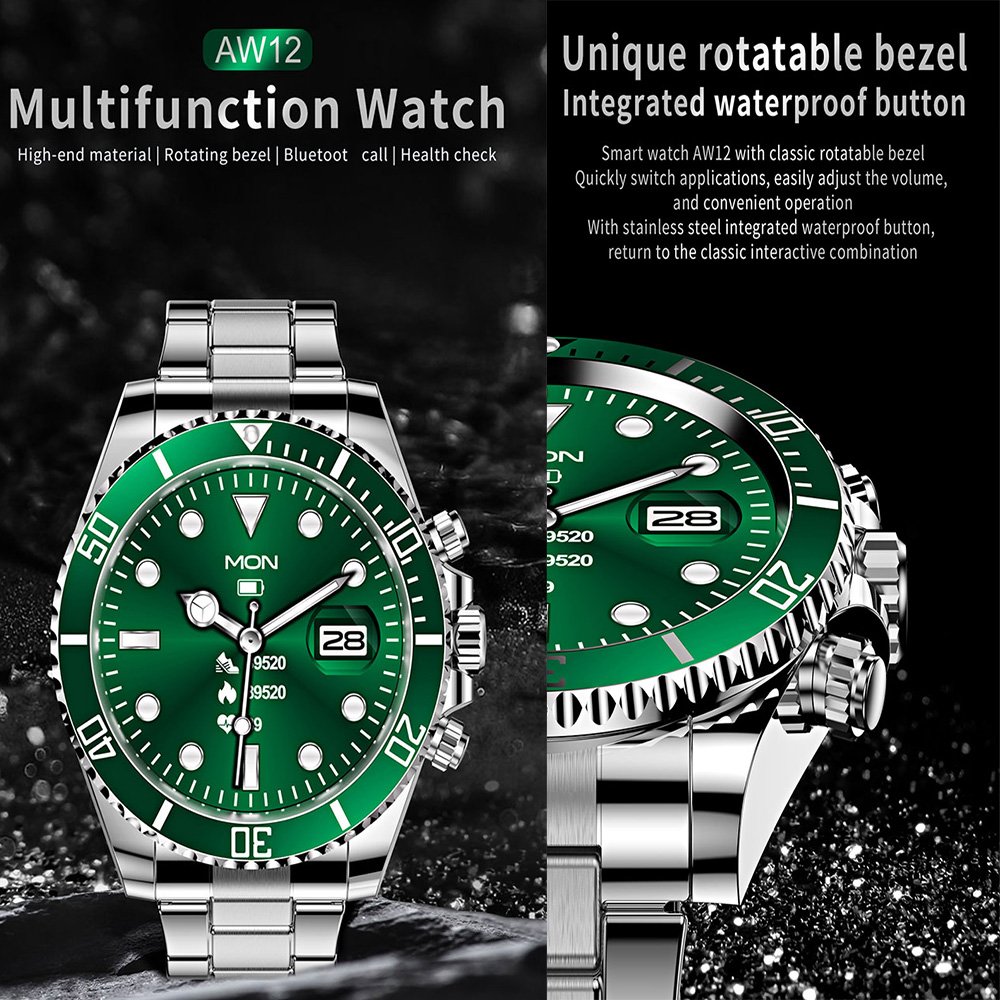 Fashion Business Style AW12 Smart Watch IP68 Waterproof Multifunction Steel Strap Round Screen Sports Smart Bracelet for Men