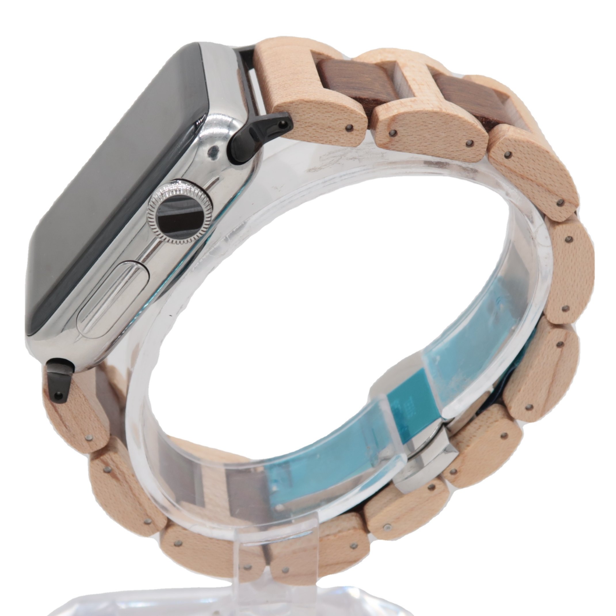 Light Beige Colour Natural Maple Solid Wood H Link Design Watch Strap Bracelet Band Water Resistant Smart Watch Compatible