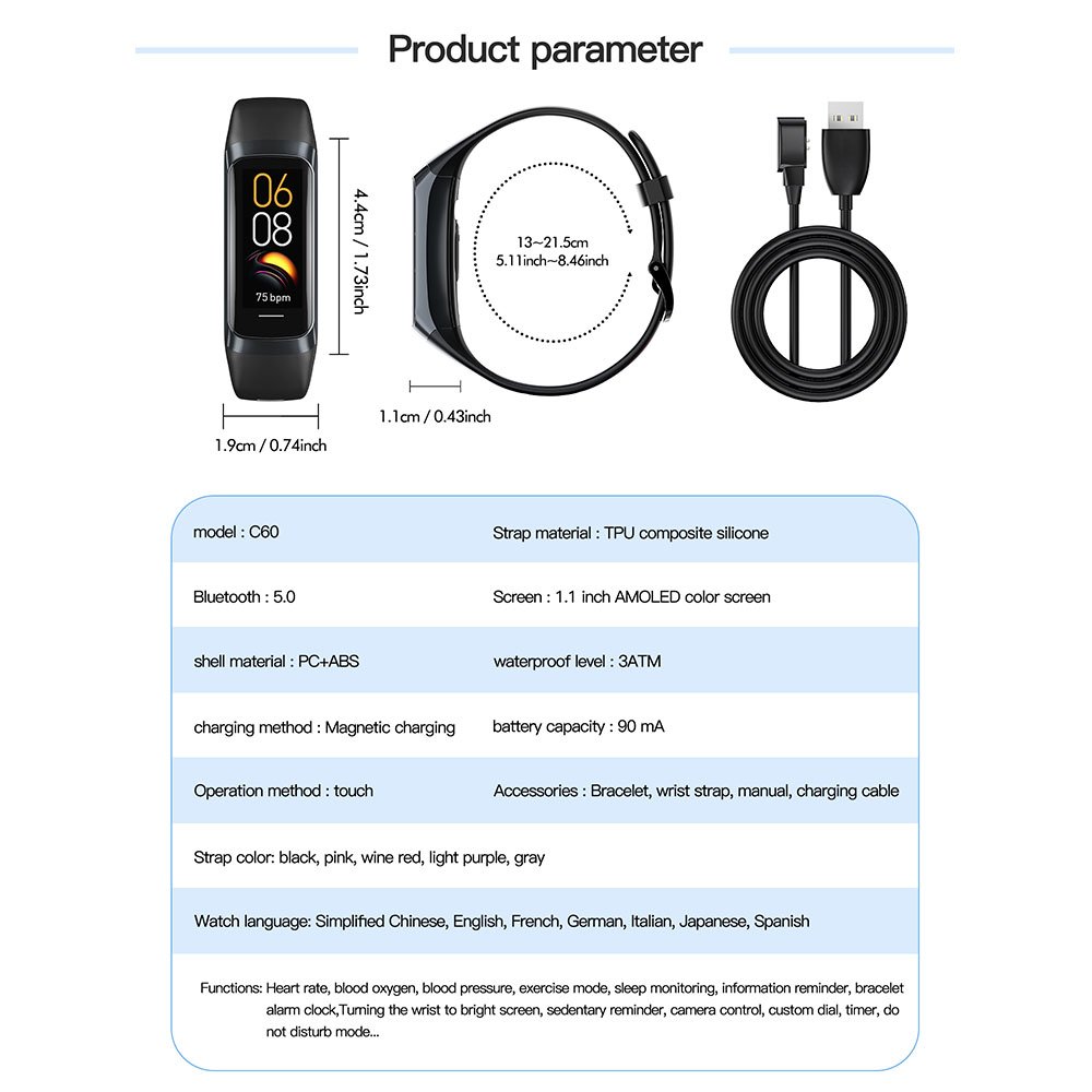High quality Smart watch bands 1.1'' AMOLED HD screen Smart bracelets with Heart Rate swimming Water resist Fitness Tracker C60
