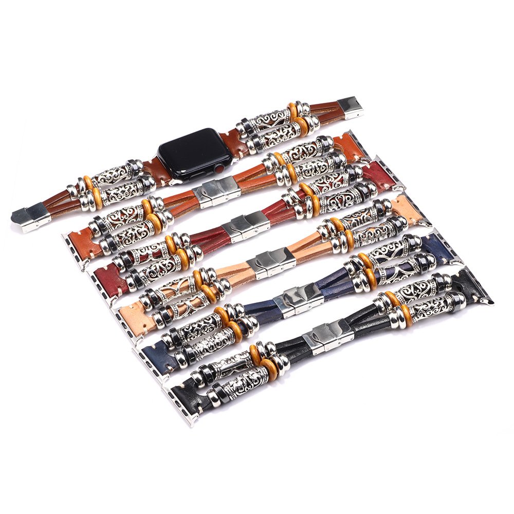 Luxury Stainless Steel Wooden Bead Leather Strap Smart Watch Band