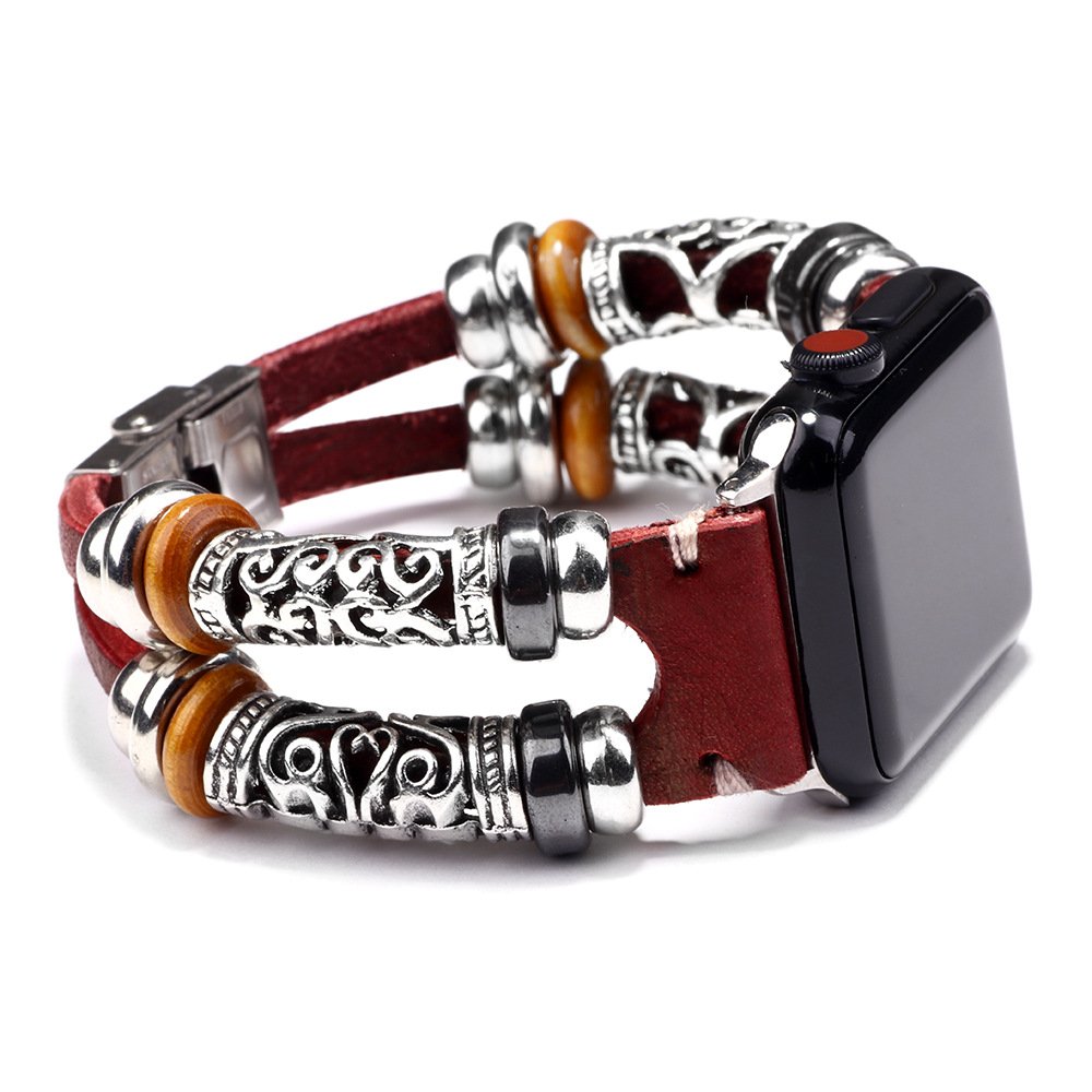 Luxury Stainless Steel Wooden Bead Leather Strap Smart Watch Band