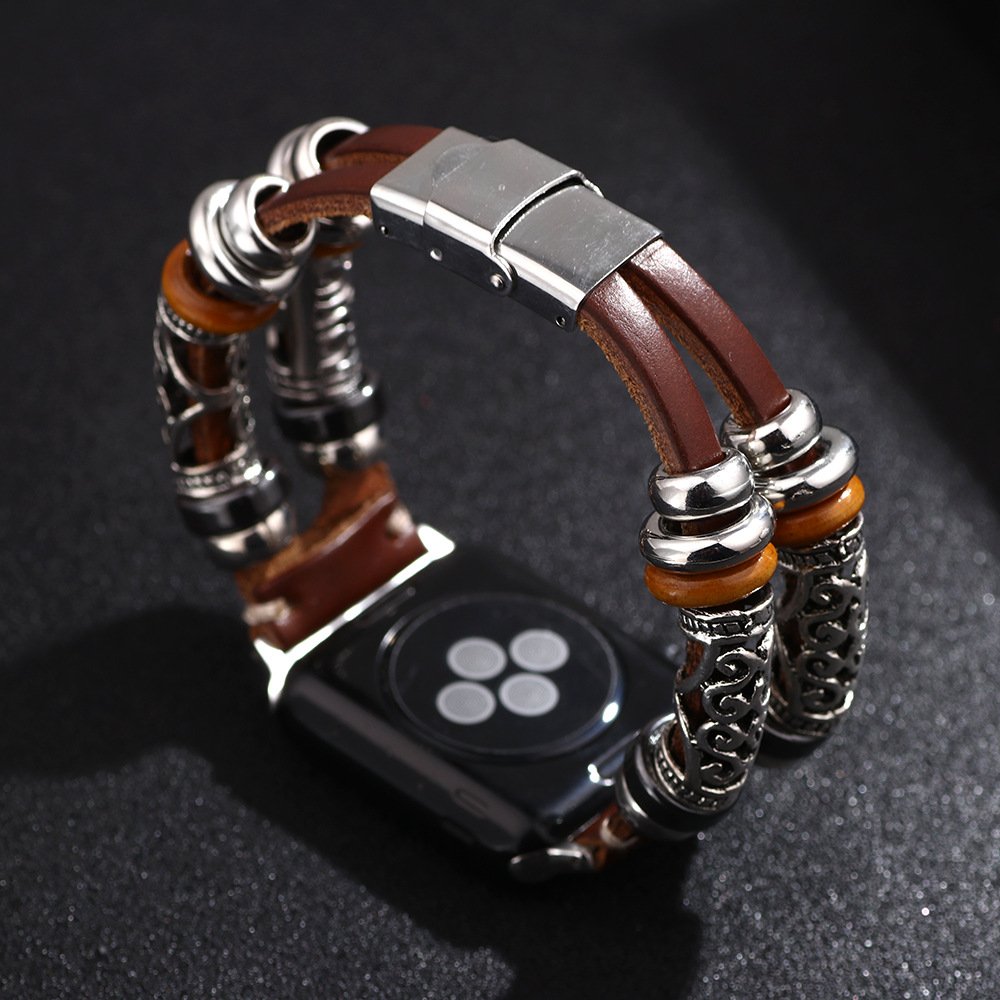 Luxury Stainless Steel Wooden Bead Leather Strap Smart Watch Band