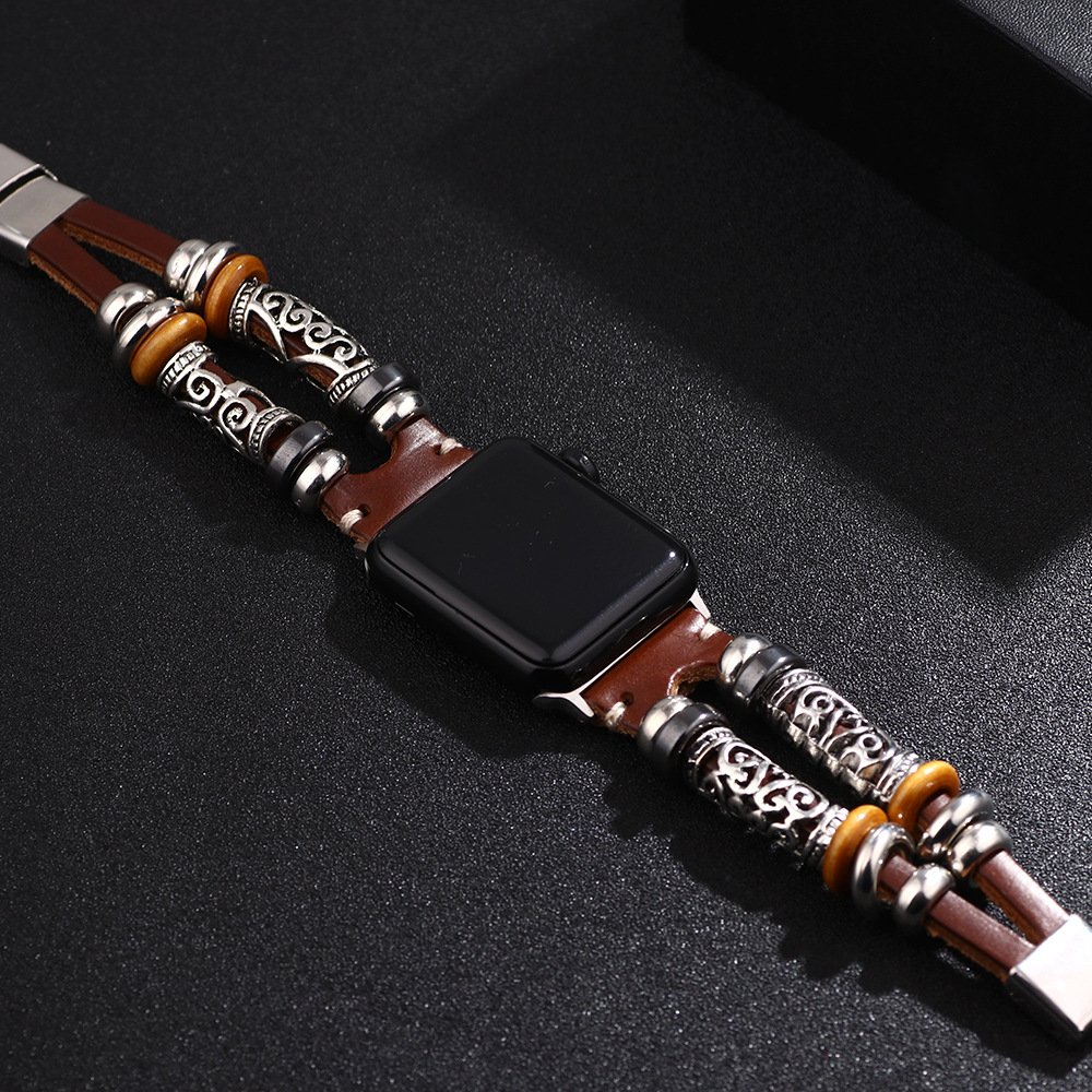Luxury Stainless Steel Wooden Bead Leather Strap Smart Watch Band