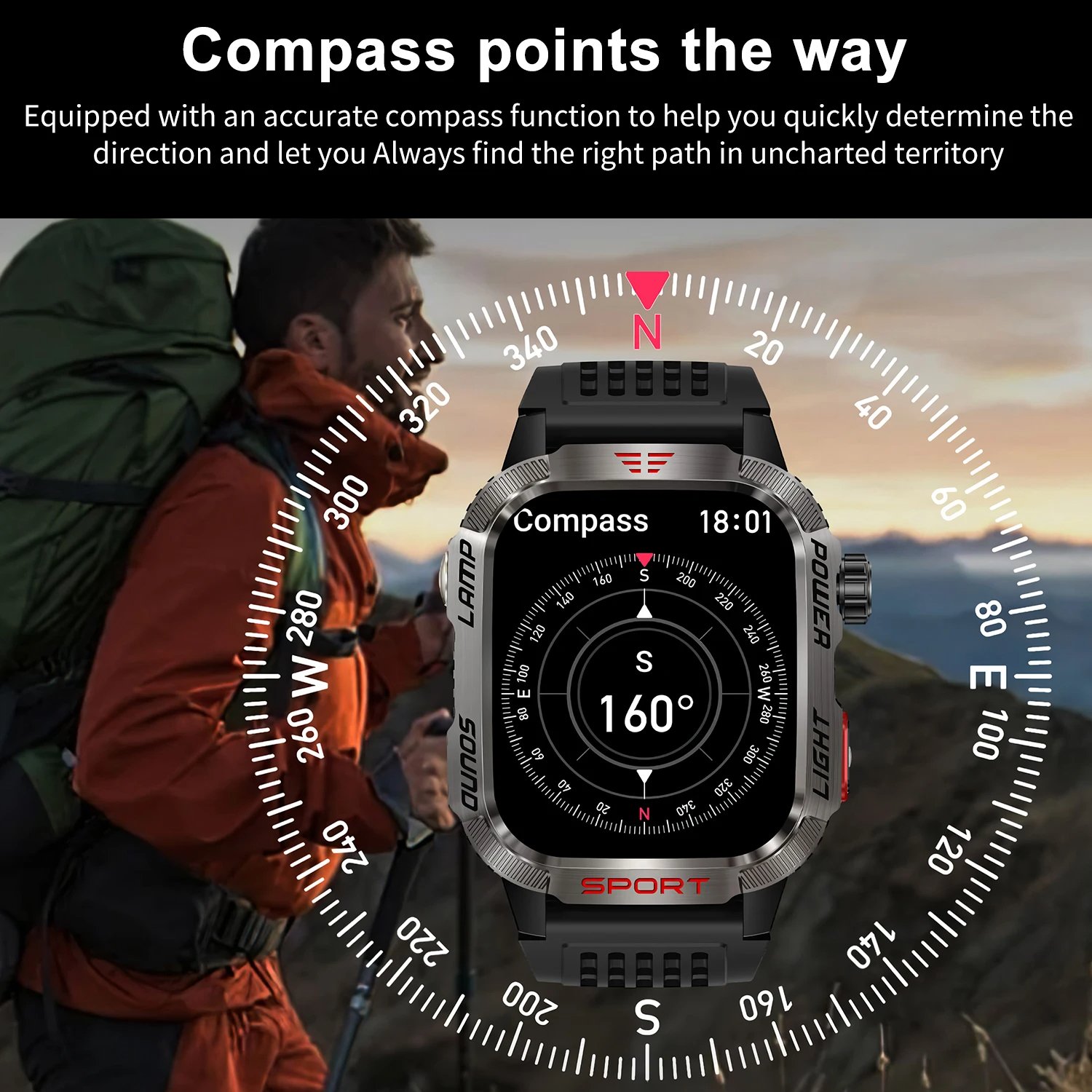 Smart Watch Men LED Flashlight Compass Altitude Air Pressure 100+ Sport Mode Fitness Tracker Outdoor Sports Smartwatch