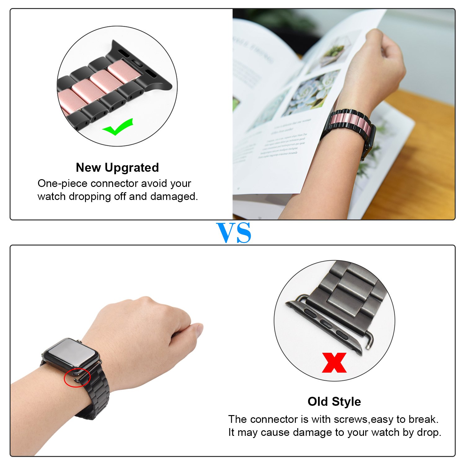KeepWin Solid Stainless Steel Metal 3 Bead Smart Watch Replacement Bands Strap for Apple iWatch 38 40 41 42 44 45 49 mm