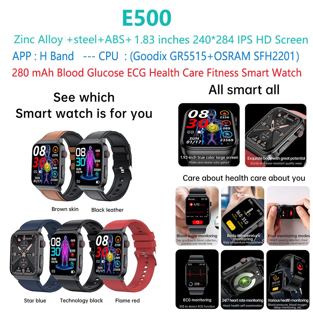 SmartHealth IP68 Waterproof Master Chip Nordic 52832 OSRAM ECG + PPG functions smartwatch E80 health smart watch