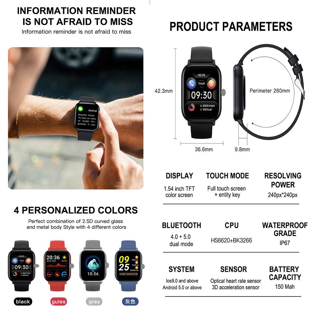 H10 1.54 inch 240*240 TFT color screen smart watch blood pressure fitness tracker bracelet smartwatch