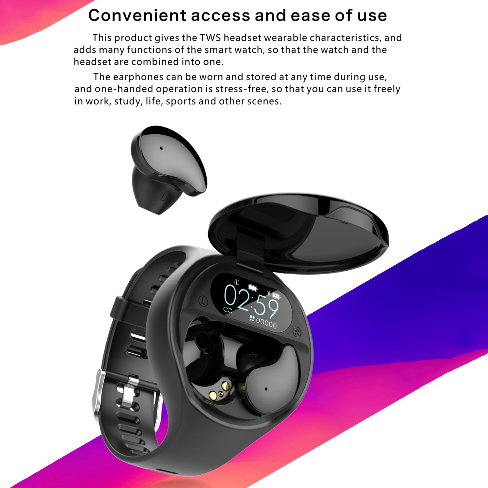 GlobalCrown TWS Bluetooth Adjustable Touch Wireless Bracelet Smart Watch Waterproof Earbuds