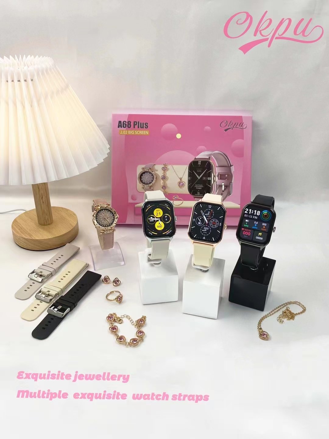 Fashion Gifts Box 6in1 Smart Watch A68plus Necklace Ring Bracelet Earrings Jewelry Set Ladies Watches Sports A68 Plus Smartwatch