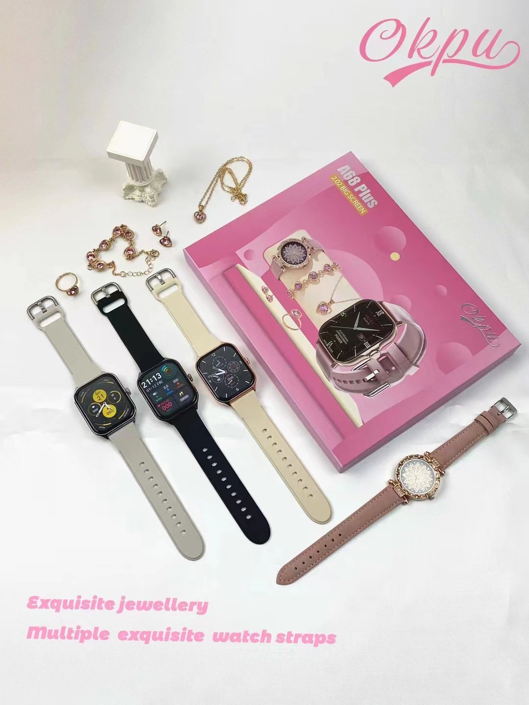 Fashion Gifts Box 6in1 Smart Watch A68plus Necklace Ring Bracelet Earrings Jewelry Set Ladies Watches Sports A68 Plus Smartwatch