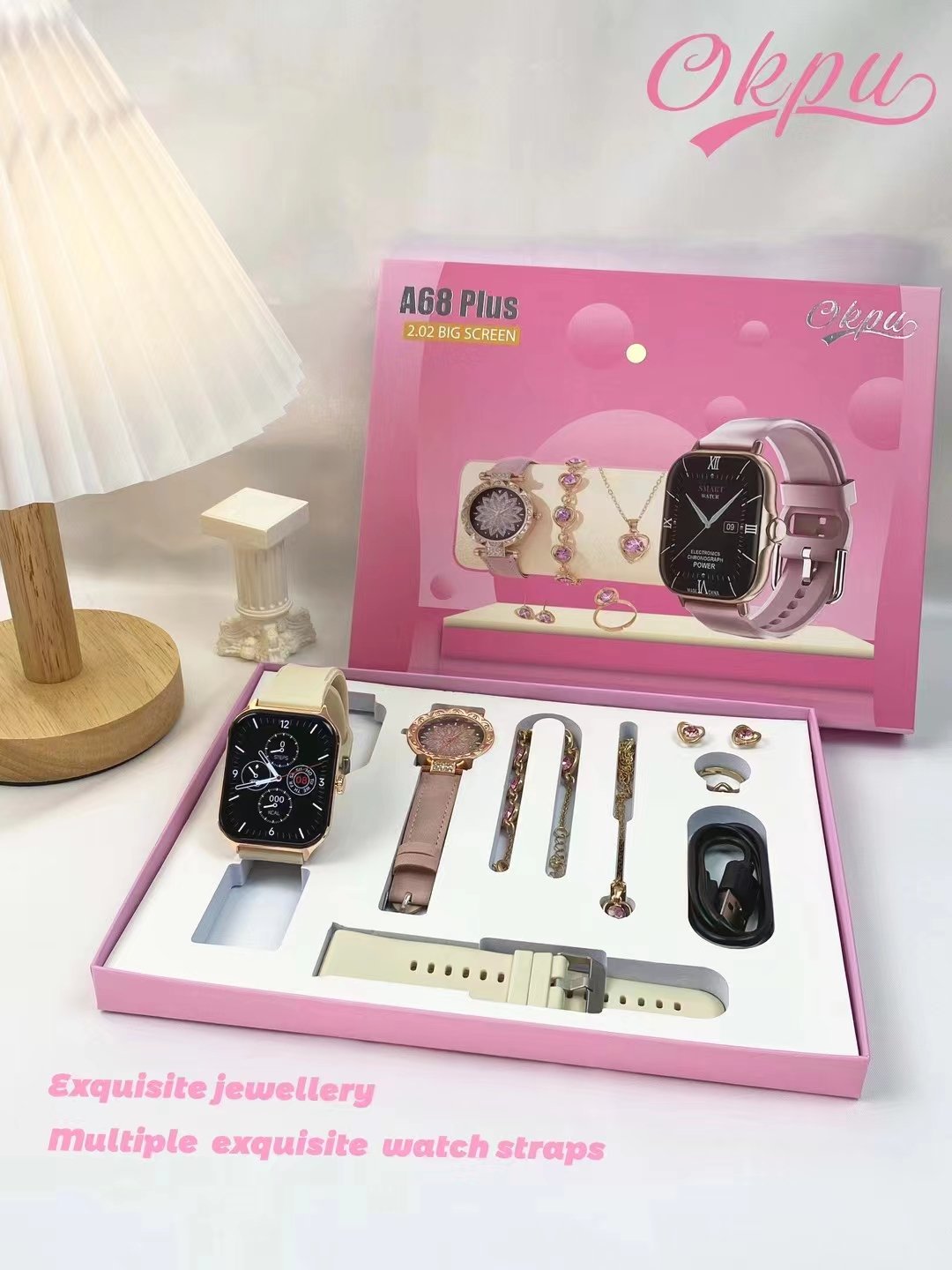 Fashion Gifts Box 6in1 Smart Watch A68plus Necklace Ring Bracelet Earrings Jewelry Set Ladies Watches Sports A68 Plus Smartwatch