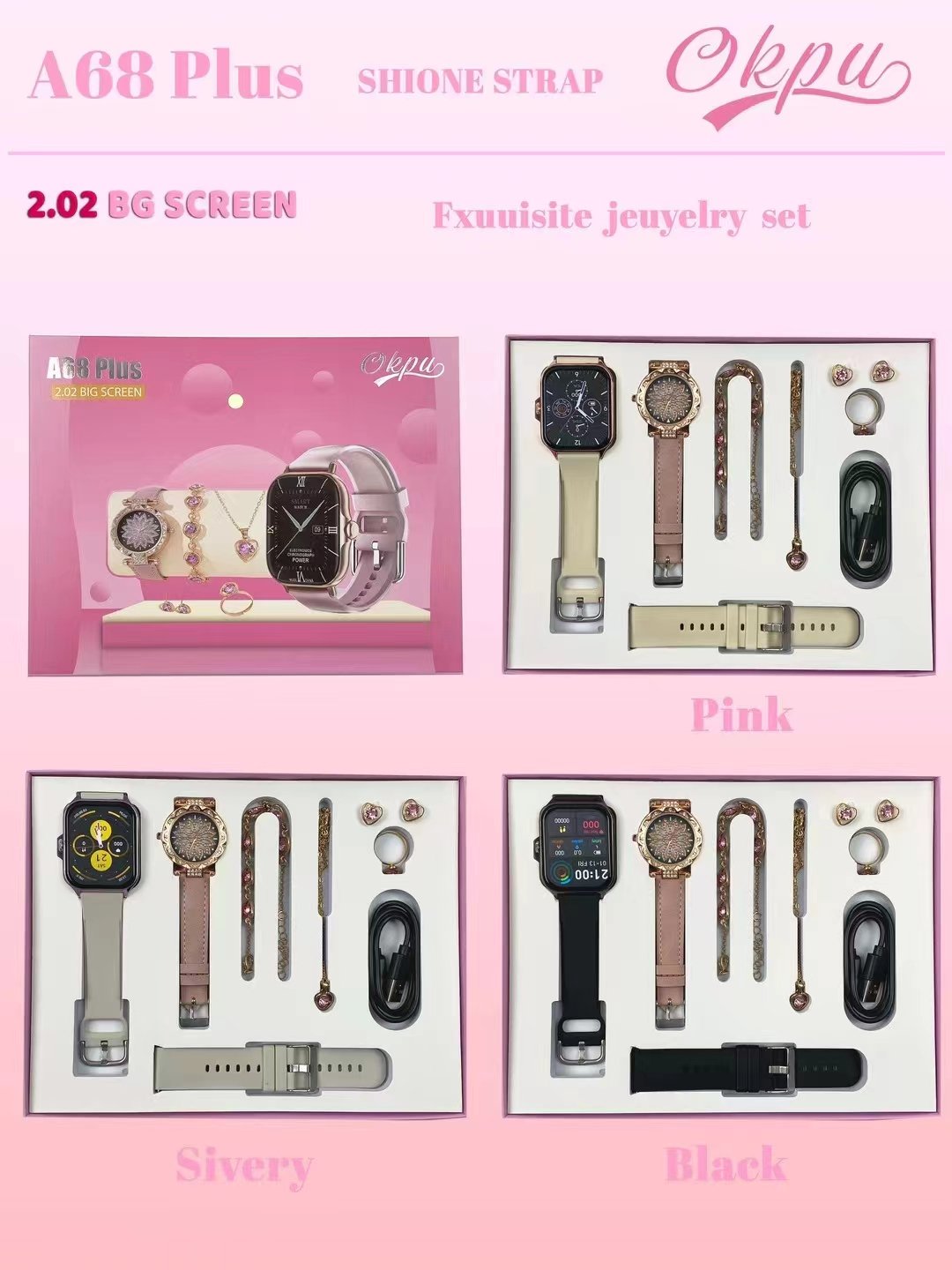 Fashion Gifts Box 6in1 Smart Watch A68plus Necklace Ring Bracelet Earrings Jewelry Set Ladies Watches Sports A68 Plus Smartwatch