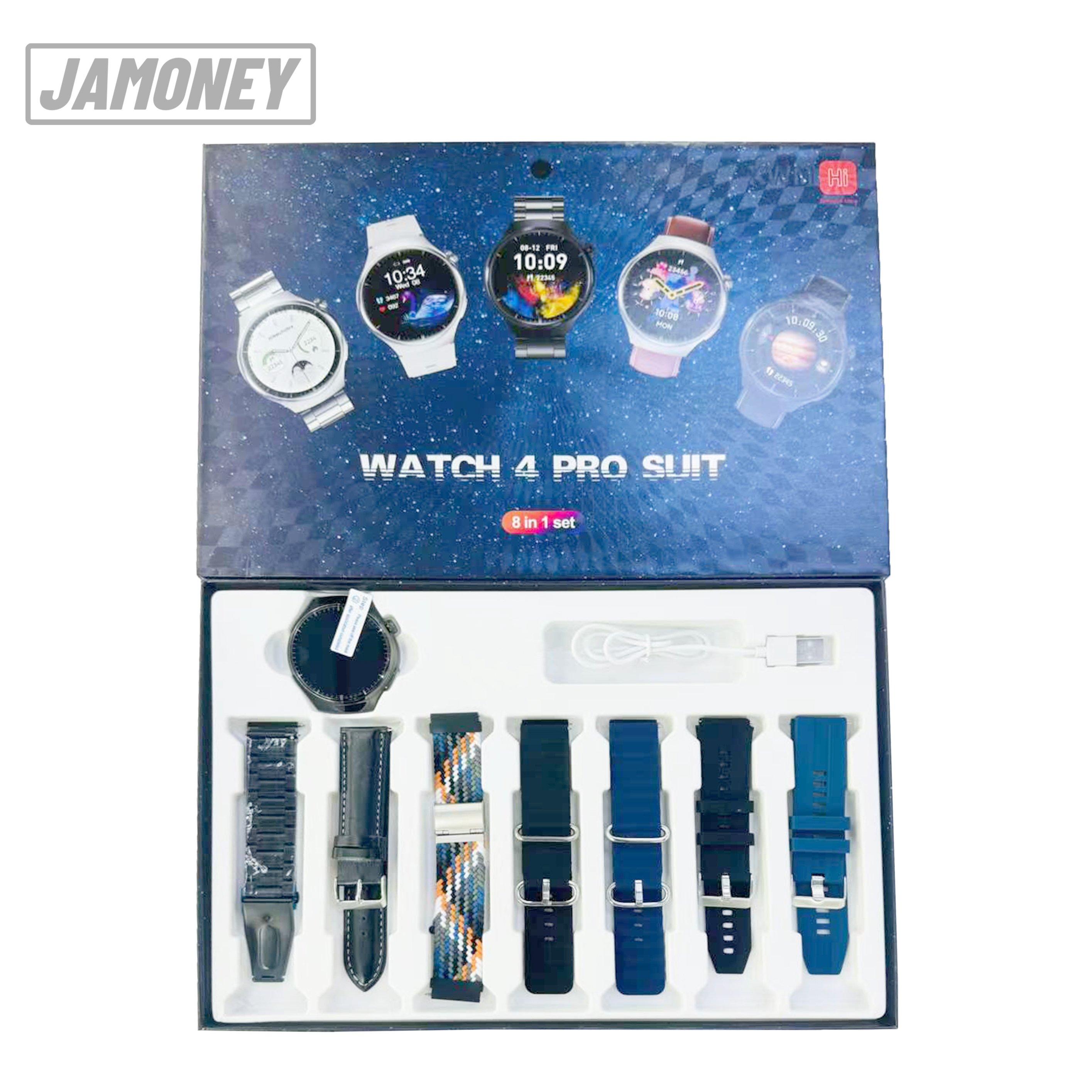 Watch 4 Pro Suit 8 in 1 Set Round Smart Watch 7 Straps BT Music Call Fitness Tracker Heart Rate Monitoring Smartwatch 2024