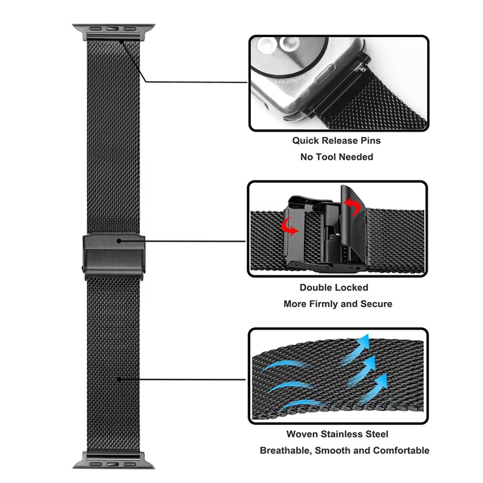 Keepwin Flexible Adjustable Mesh Watch Straps Stainless Steel Smart Watch Band Strap for Apple iWatch 9 8 7 6 5 4 SE Series