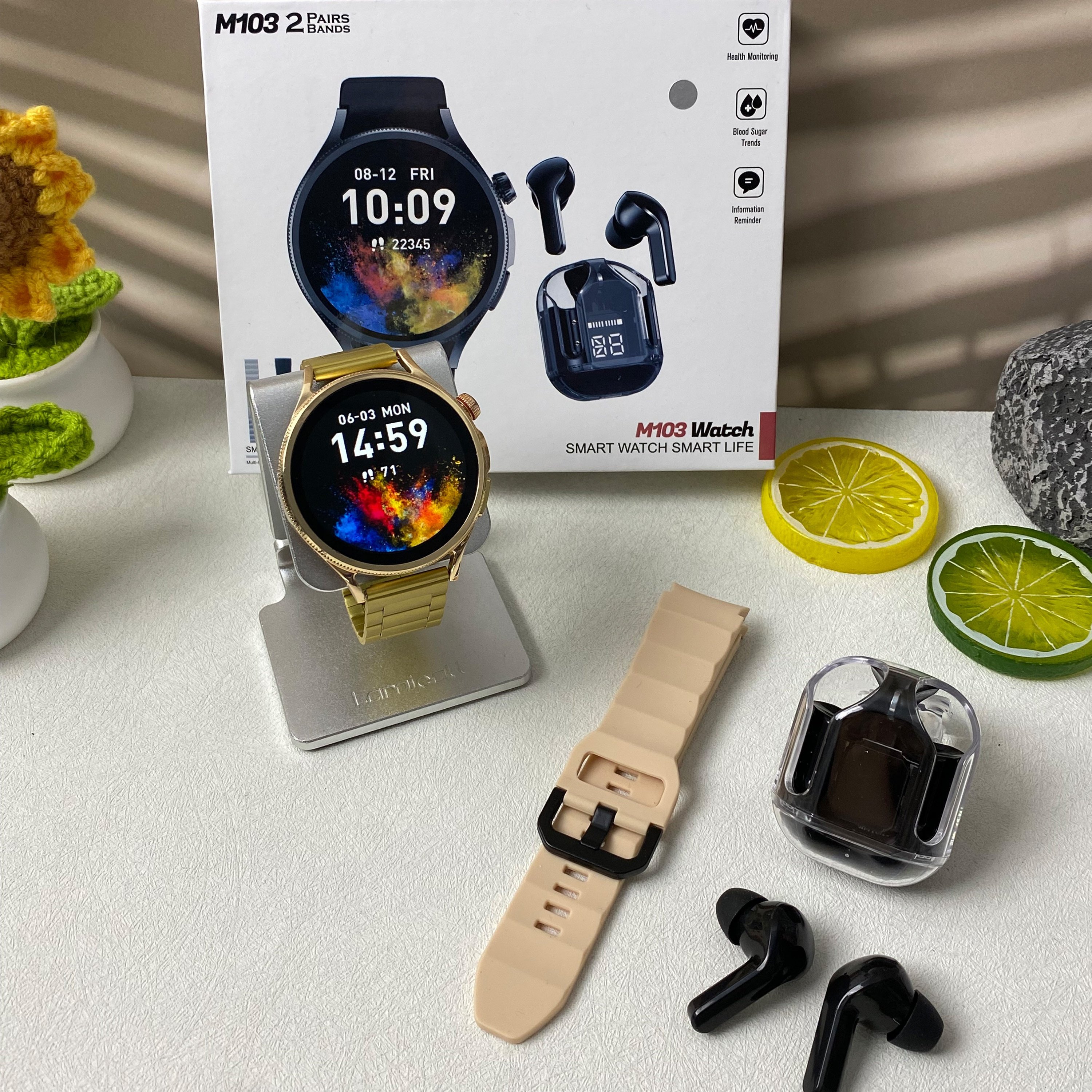 Heart rate Waterproof Smart Watches Stainless Steel Strap Transparent Air39 Headphone Bracelet Fitness Tracker M103 Smartwatch