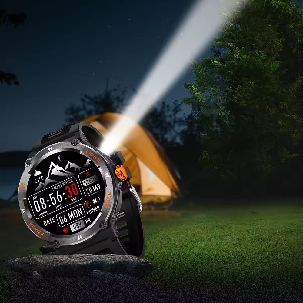 KT76 Smart Watches 1.53" Rugged with LED Strong Light 3ATM Waterproof Fitness Tracker with Compass Sports Modes