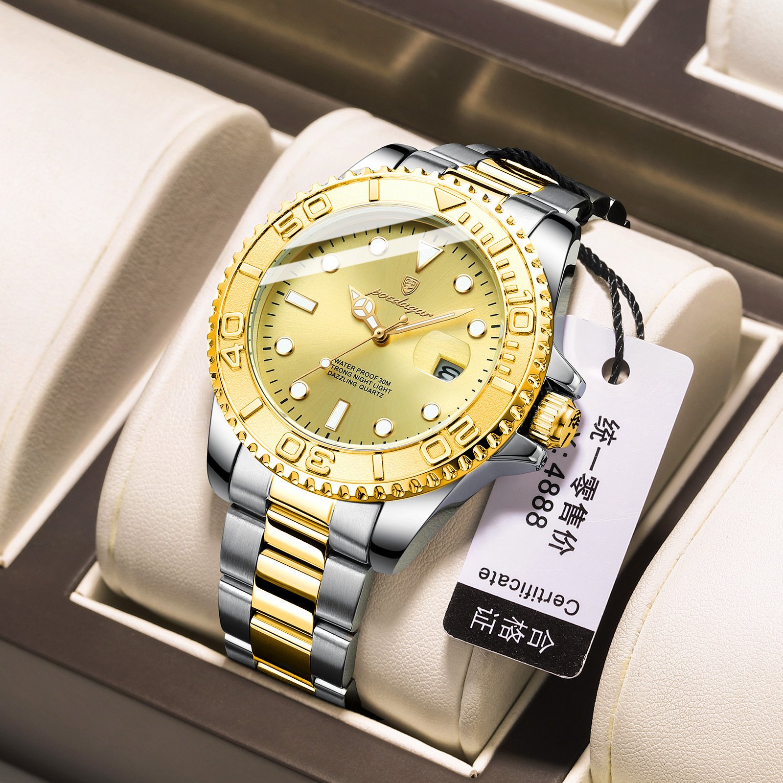 watches for men Gold Blue Luxury Stainless Steel Man Quartz Wrist watch Week Calendar men's watch Waterproof