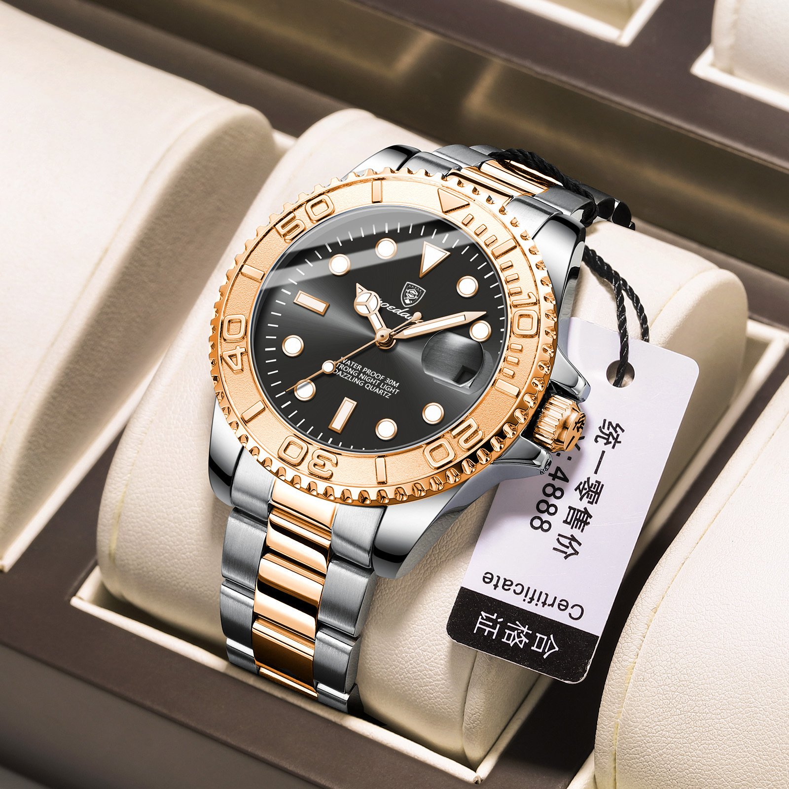 watches for men Gold Blue Luxury Stainless Steel Man Quartz Wrist watch Week Calendar men's watch Waterproof