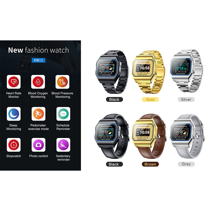 Luxury watch fashion steel belt leather kw18 smart watch band,Gps Multiple Sports Modes Long Battery Life kw18 smart watch