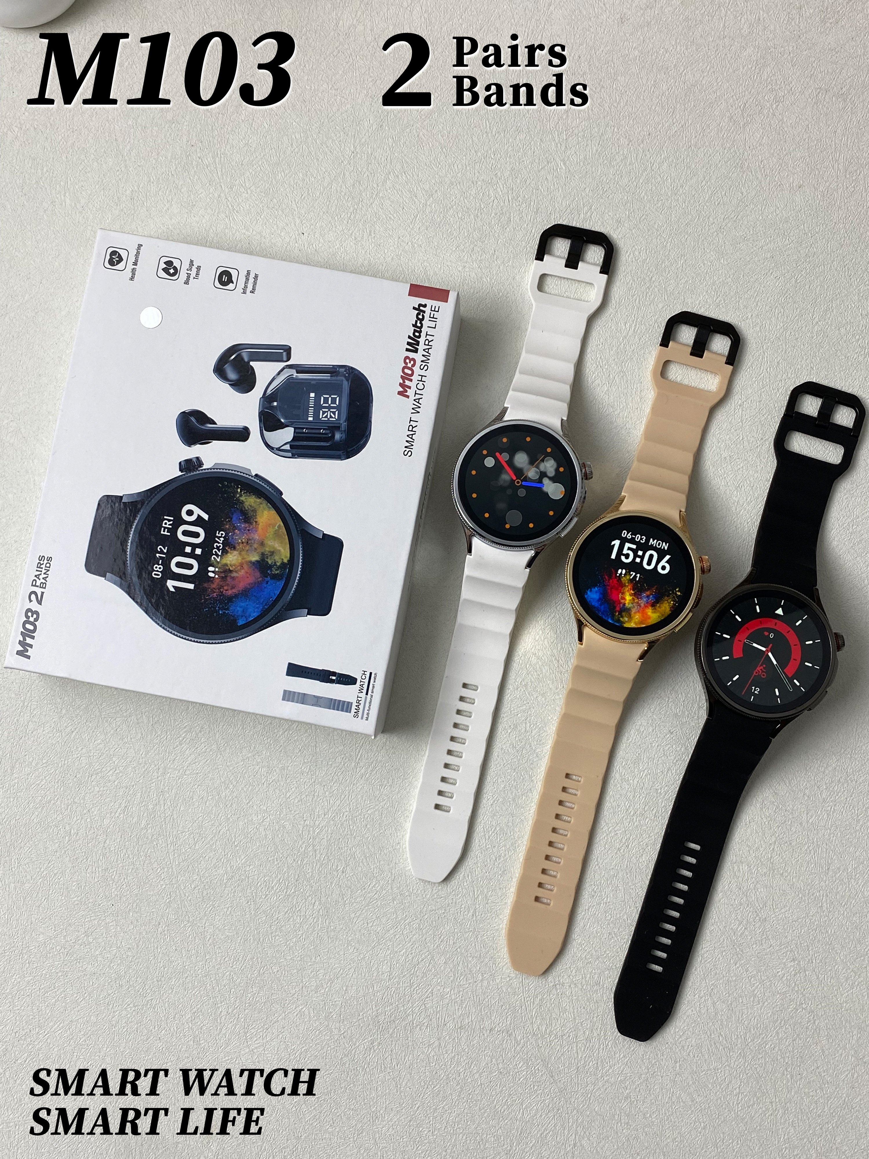 Factory Supply Smart Watches Stainless Steel Strap Transparent Earphones 4 IN 1 Suit Round Smart Watch For Men M103 Smart Watch