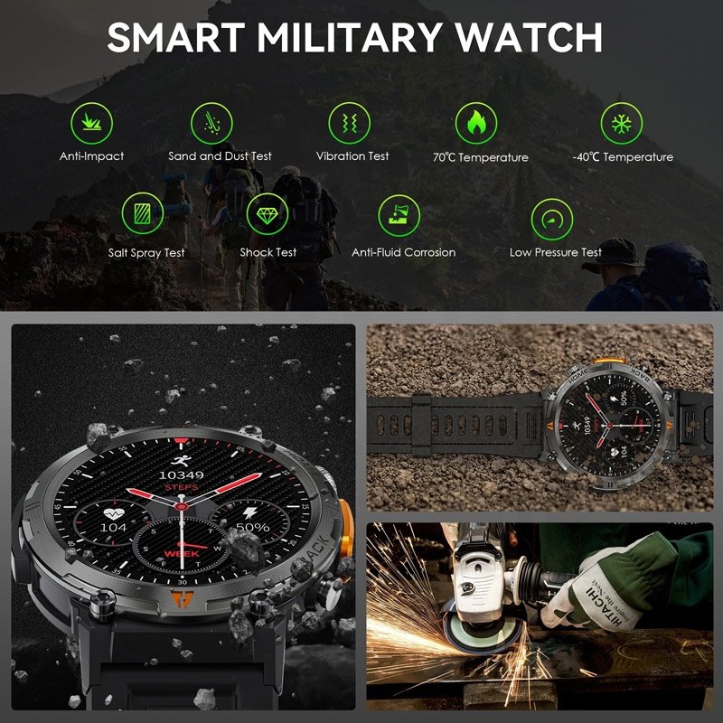 EIGIIS KE3 Outdoor Men Smart Watch LED Flashlight 1.45" Full Touch Sports Health Tracker Tactical Rugged Smartwatch Waterproof