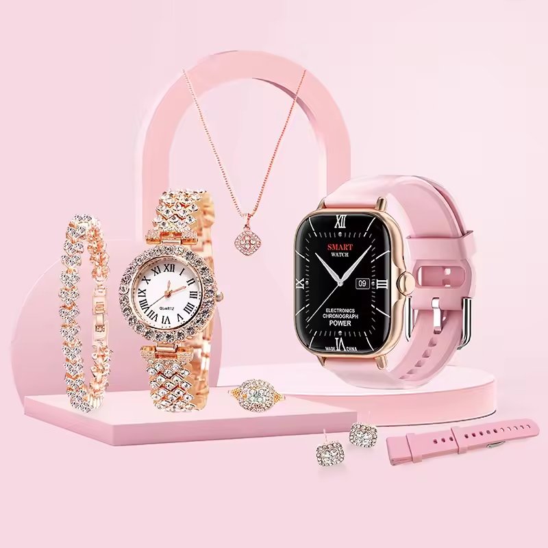 Hot 7 in 1 Strap A58plus Smart Watch 2.01inch Square Silicone Strap Quartz Lady Watch Necklace Ring A58 Plus Women Smartwatch