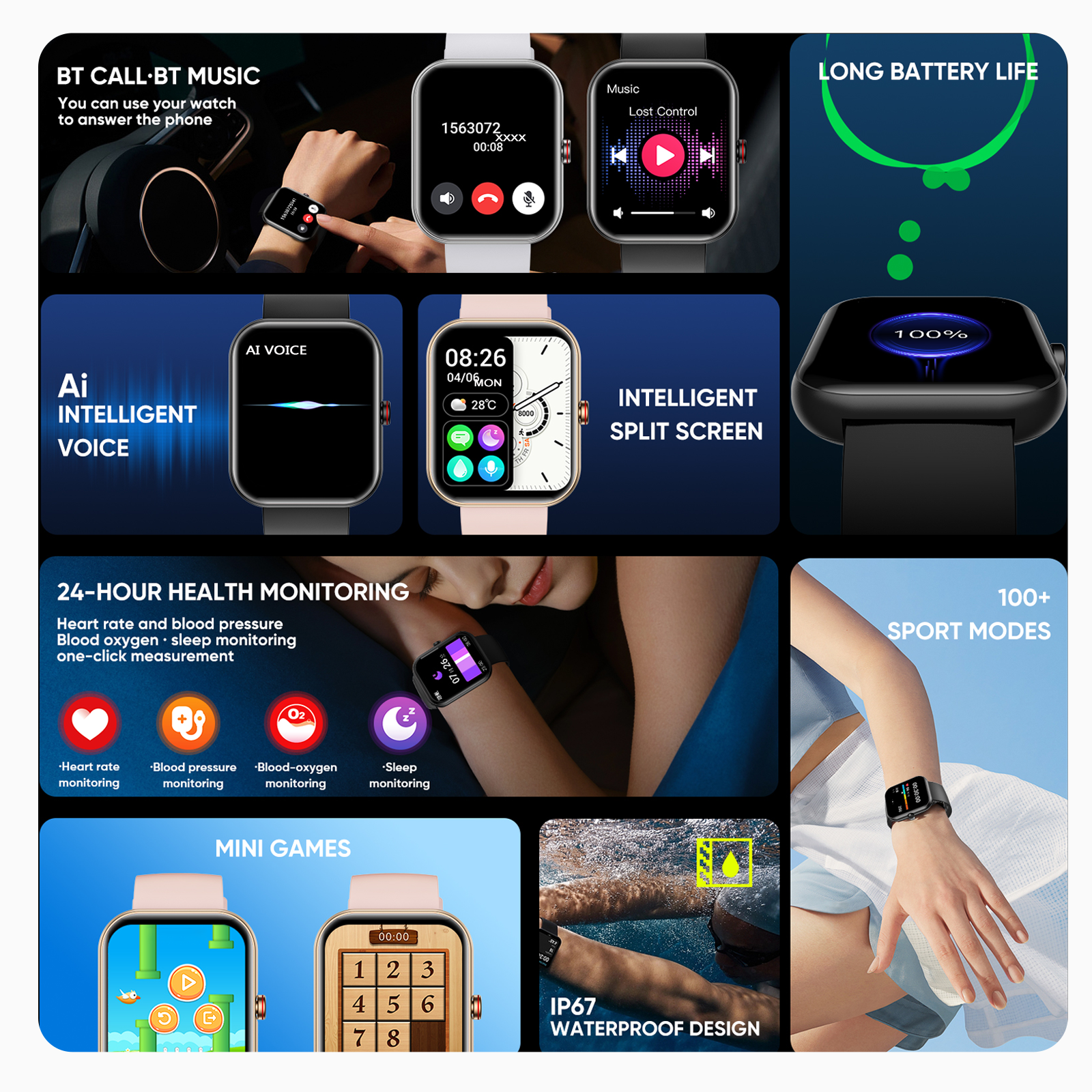 SENBONO 2023 big screen Smart Watch A221 BT Call 1.91inch AI Voice Sport Watch Fitness Tracker Waterproof Women Smartwatch Men