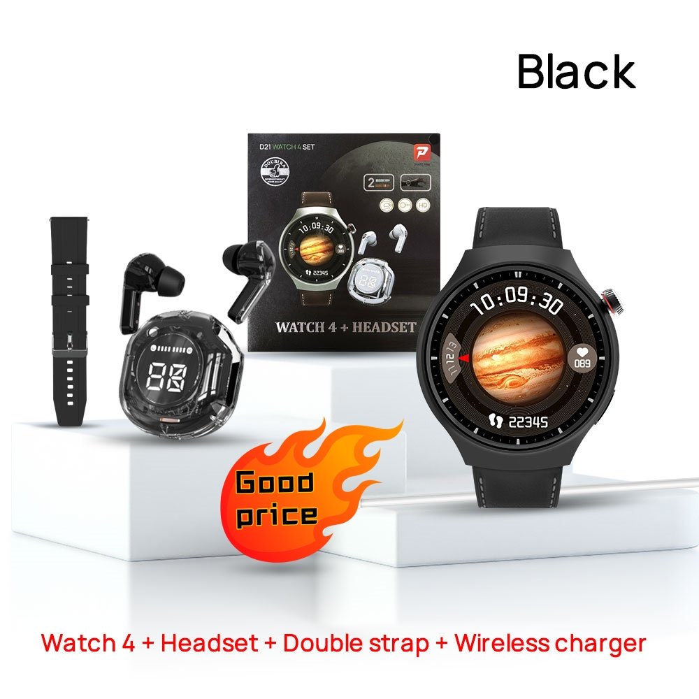 2024 New Model 1.52inch Big Round Screen Smart Watch Suit with TWS Earphones Leather Strap Smartwatch D21 watch4 SET for Men