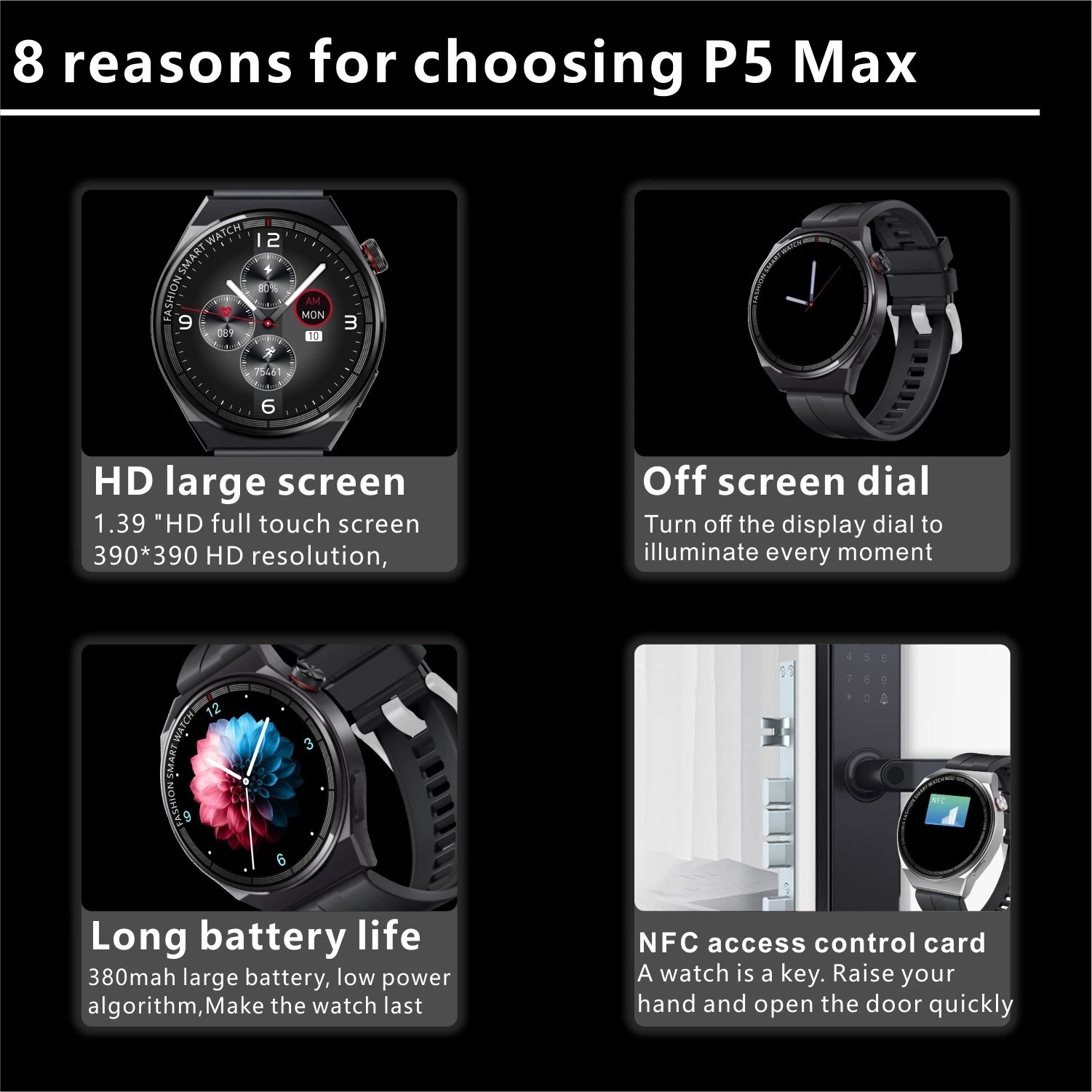 2022 New arrival P5 Max 1.39inch 380mAh big battery smart watch bt calling function wireless charging smart watch
