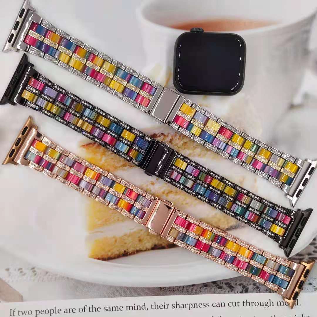 Luxury Metal Resin Strap For Women's Smart Watch Replacement Bracelet For Apple Watch Band 40mm 44mm