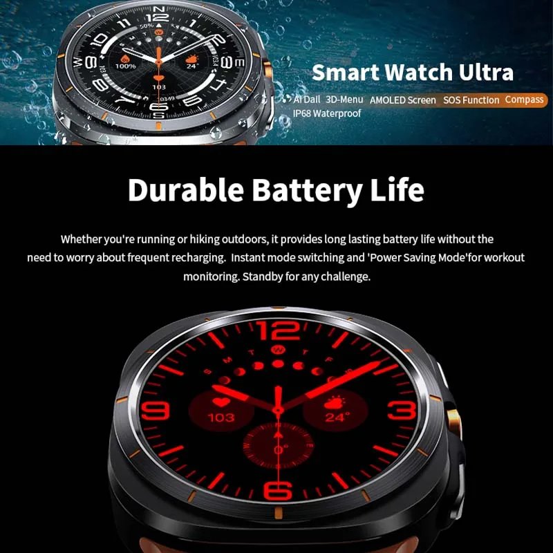 For Samsung Galaxy Watch 7 Ultra New SOS GPS Track Smart Watch Men AMOLED Always Display BT Call IP68 Waterproof Smart Watch