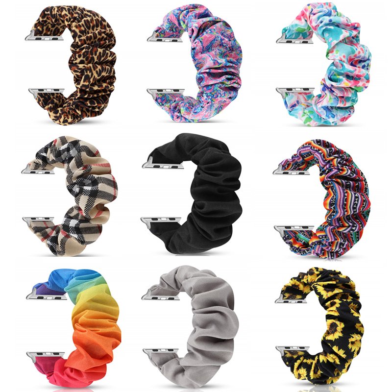 Qidian Stock Scrunch Hair Wrist Band Elastic Watch Strap Fabric Scrunchie Smart Watch Band For Apple Watch Series 8 7 6